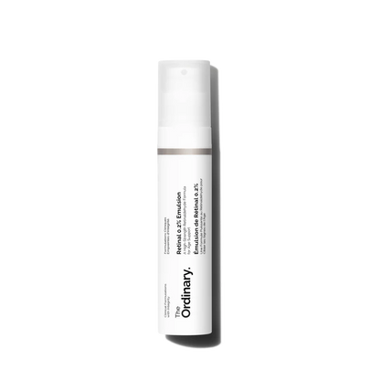 The Ordinary Retinal 0.2% Emulsion in its airless pump bottle, showcasing the vibrant yellow serum texture against a clinical white background.