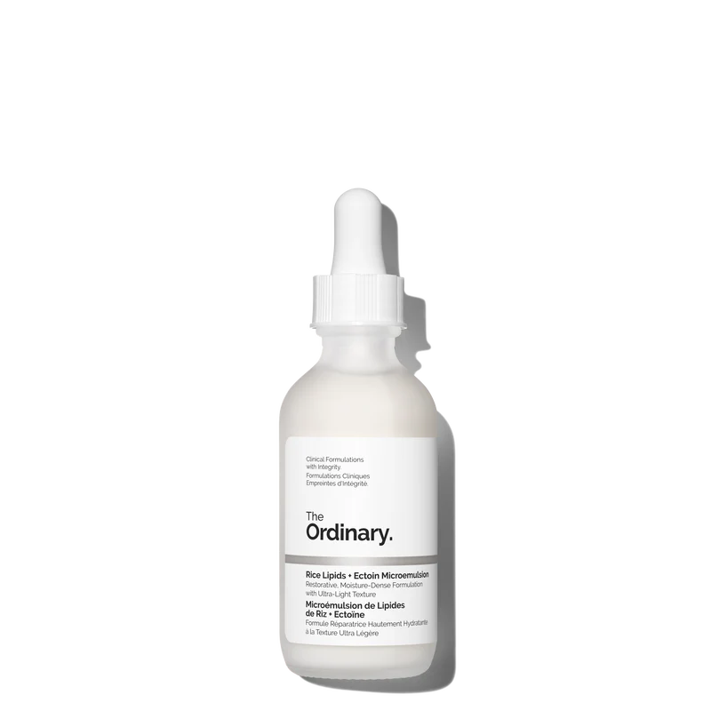The Ordinary Rice Lipids + Ectoin Microemulsion 30ml bottle with a dropper, showing the lightweight, milky-white fluid on a clean clinical background.