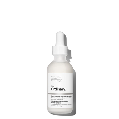 The Ordinary Rice Lipids + Ectoin Microemulsion 30ml bottle with a dropper, showing the lightweight, milky-white fluid on a clean clinical background.
