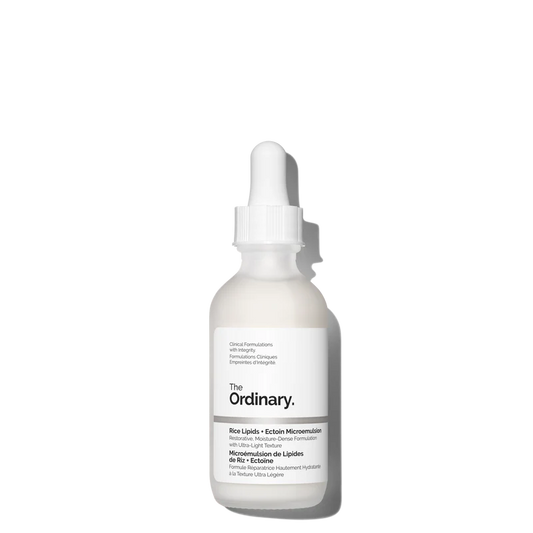 The Ordinary Rice Lipids + Ectoin Microemulsion 30ml bottle with a dropper, showing the lightweight, milky-white fluid on a clean clinical background.