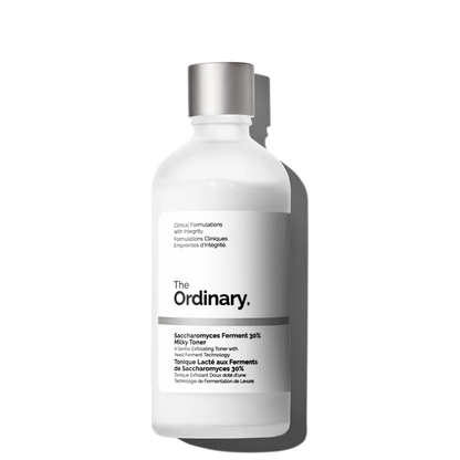 The Ordinary Saccharomyces Ferment 30% Milky Toner in a large clear bottle, showing the opaque, cloud-like milky liquid.