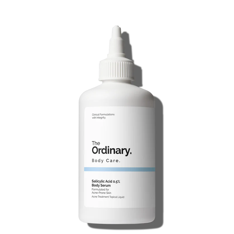 The Ordinary Salicylic Acid 0.5% Body Serum bottle with a specialized precision nozzle applicator, designed for easy application to hard-to-reach body areas.