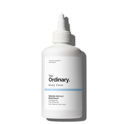 The Ordinary Salicylic Acid 0.5% Body Serum bottle with a specialized precision nozzle applicator, designed for easy application to hard-to-reach body areas.