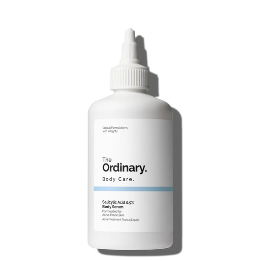 The Ordinary Salicylic Acid 0.5% Body Serum bottle with a specialized precision nozzle applicator, designed for easy application to hard-to-reach body areas.