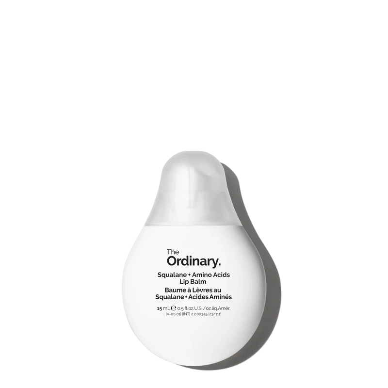 The Ordinary Squalane + Amino Acids Lip Balm in its sleek, minimalist tube packaging on a clean white clinical background.