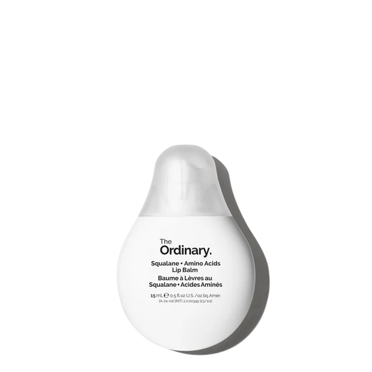 The Ordinary Squalane + Amino Acids Lip Balm in its sleek, minimalist tube packaging on a clean white clinical background.