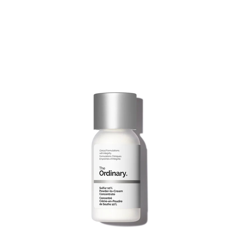 The Ordinary Sulfur 10% Powder to Cream Concentrate in a small, clinical-style bottle with a precise dispensing tip, shown on a white background.