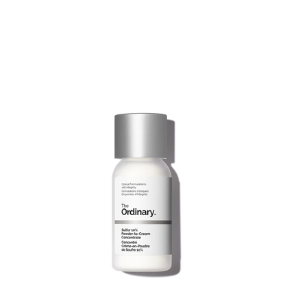 The Ordinary Sulfur 10% Powder to Cream Concentrate in a small, clinical-style bottle with a precise dispensing tip, shown on a white background.