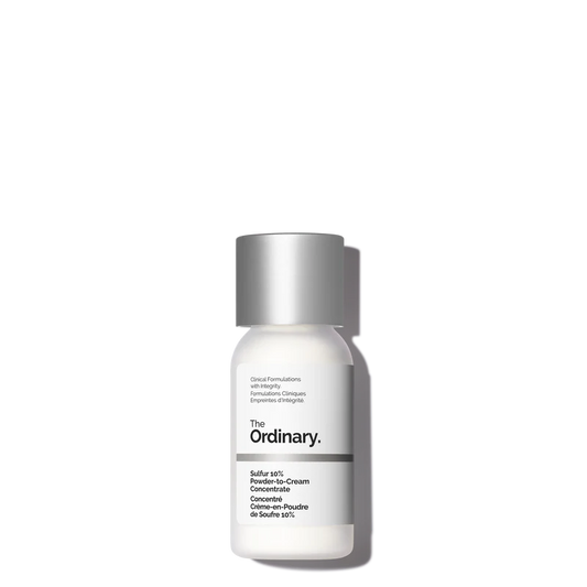 The Ordinary Sulfur 10% Powder to Cream Concentrate in a small, clinical-style bottle with a precise dispensing tip, shown on a white background.
