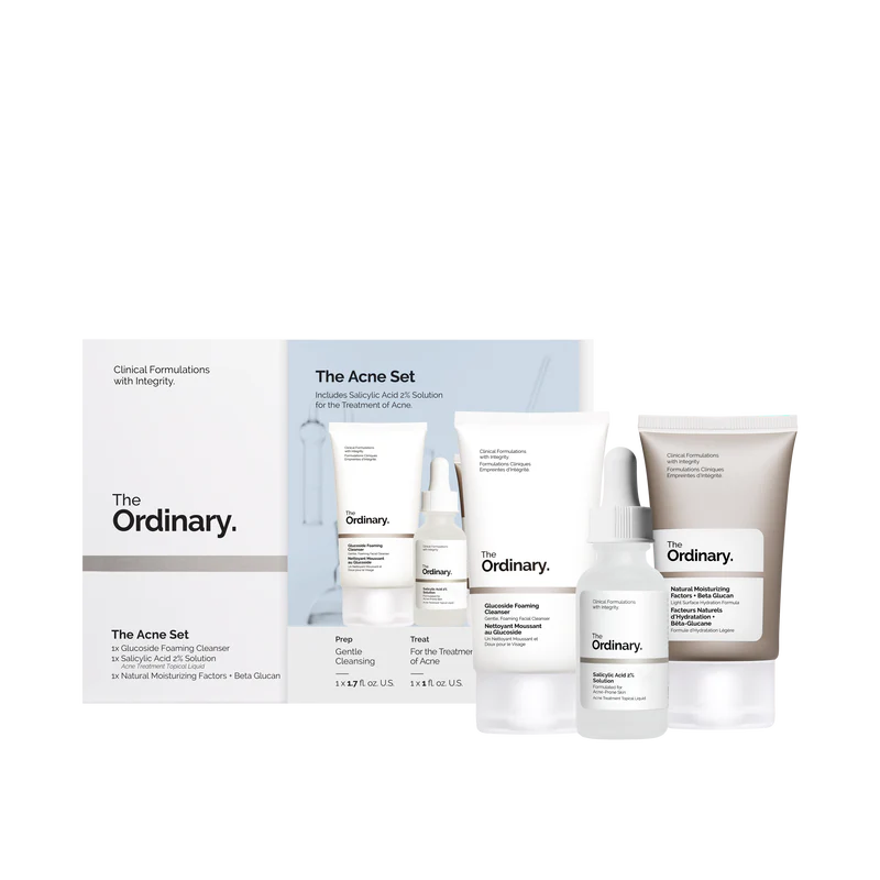 The Ordinary Acne Set packaging featuring the Glucoside Foaming Cleanser (50ml), Salicylic Acid 2% Solution (30ml), and Natural Moisturizing Factors + Beta Glucan (30ml).