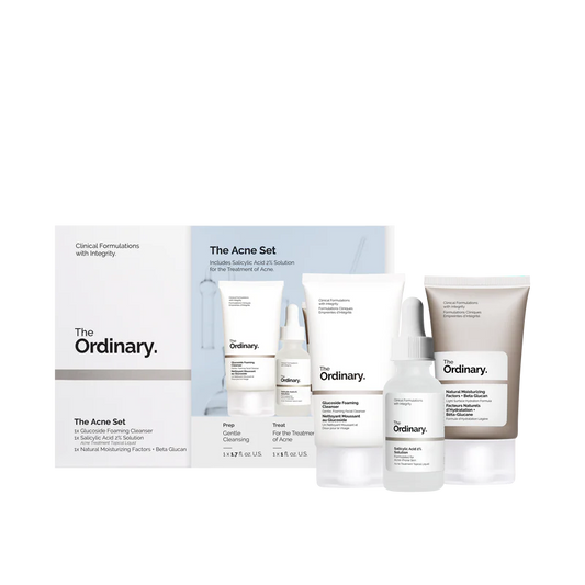 The Ordinary Acne Set packaging featuring the Glucoside Foaming Cleanser (50ml), Salicylic Acid 2% Solution (30ml), and Natural Moisturizing Factors + Beta Glucan (30ml).