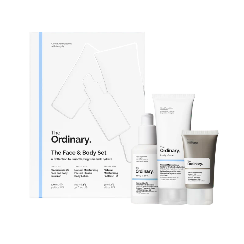The Ordinary Face & Body Set packaging featuring Niacinamide 5% Face and Body Emulsion, Natural Moisturizing Factors + Inulin Body Lotion, and Natural Moisturizing Factors + HA Face Moisturizer.
