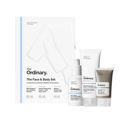 The Ordinary Face & Body Set packaging featuring Niacinamide 5% Face and Body Emulsion, Natural Moisturizing Factors + Inulin Body Lotion, and Natural Moisturizing Factors + HA Face Moisturizer.