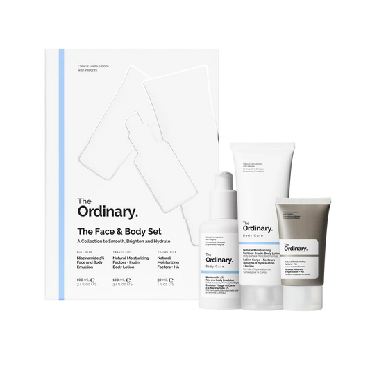 The Ordinary Face & Body Set packaging featuring Niacinamide 5% Face and Body Emulsion, Natural Moisturizing Factors + Inulin Body Lotion, and Natural Moisturizing Factors + HA Face Moisturizer.
