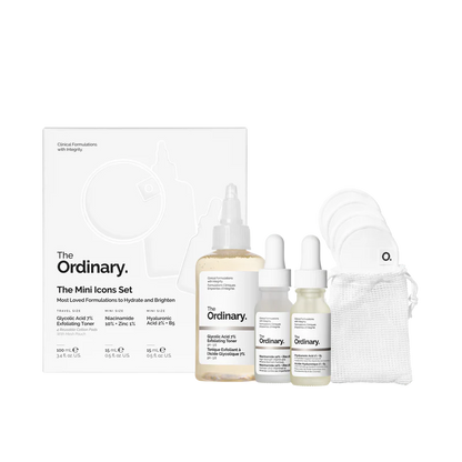 The Ordinary Mini Icons Set box containing miniature bottles of Glycolic Toner, Niacinamide, and Hyaluronic Acid alongside white reusable cotton pads.