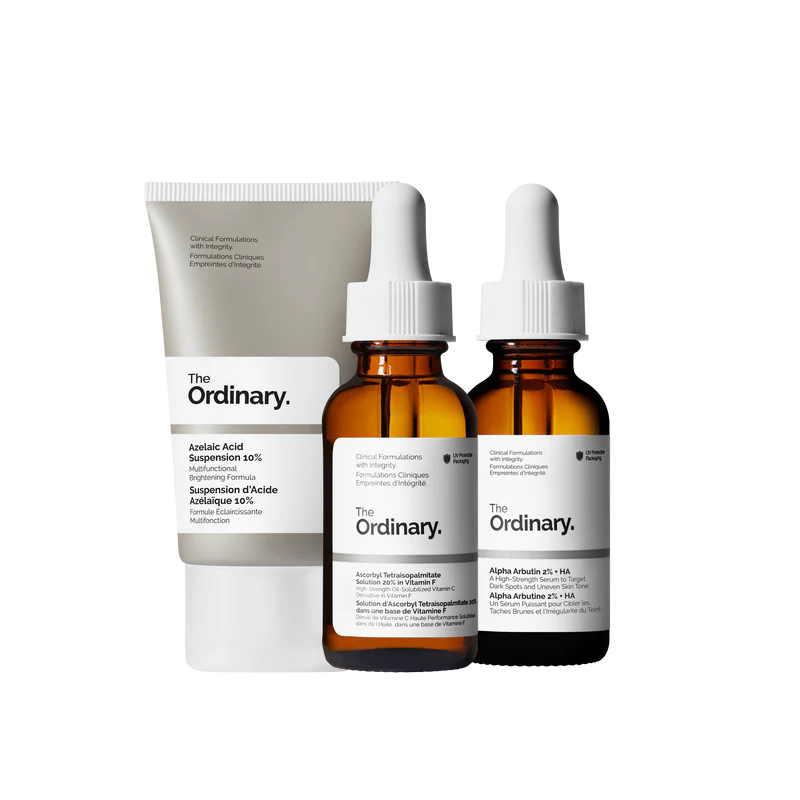 The Ordinary Uneven Skin Tone Collection featuring Azelaic Acid Suspension 10%, Alpha Arbutin 2% + HA, and Ascorbyl Tetraisopalmitate Solution 20% on a clinical white background.