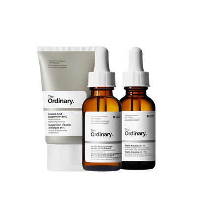 The Ordinary Uneven Skin Tone Collection featuring Azelaic Acid Suspension 10%, Alpha Arbutin 2% + HA, and Ascorbyl Tetraisopalmitate Solution 20% on a clinical white background.