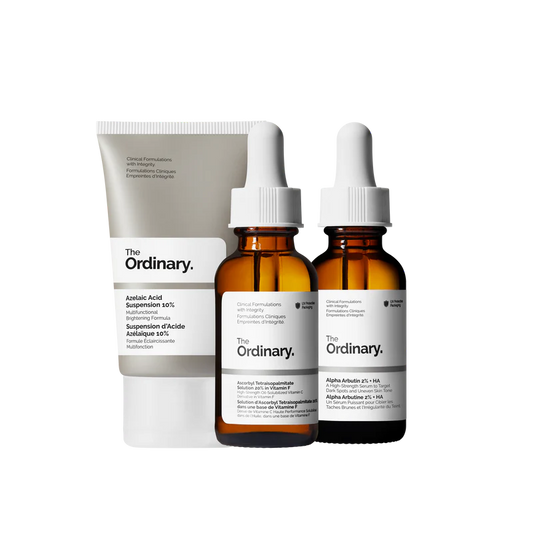 The Ordinary Uneven Skin Tone Collection featuring Azelaic Acid Suspension 10%, Alpha Arbutin 2% + HA, and Ascorbyl Tetraisopalmitate Solution 20% on a clinical white background.