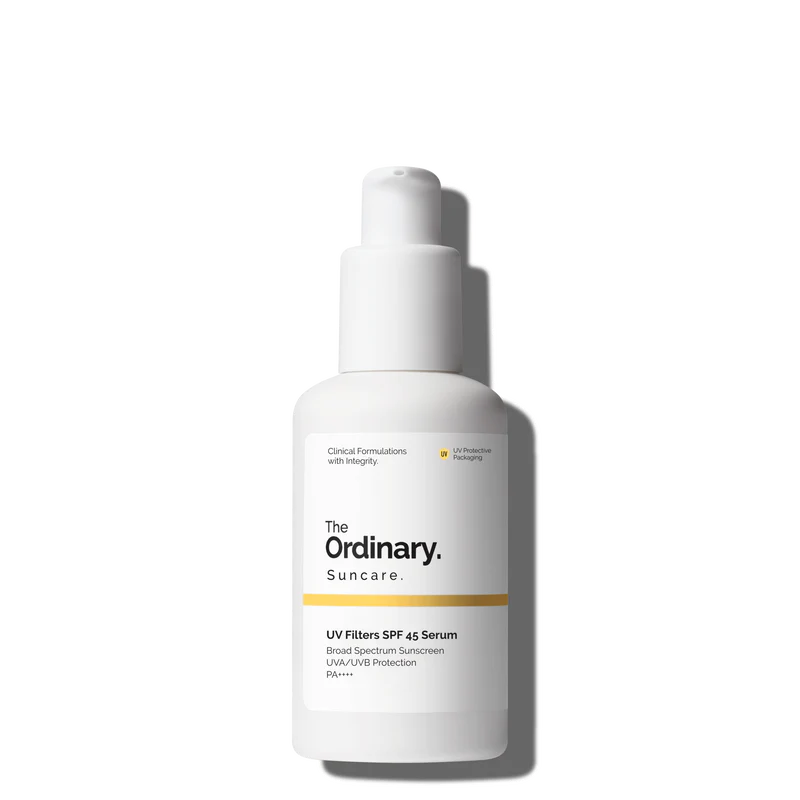The Ordinary UV Filters SPF 45 Serum in a 30ml bottle, a lightweight broad-spectrum sunscreen serum for invisible daily protection.