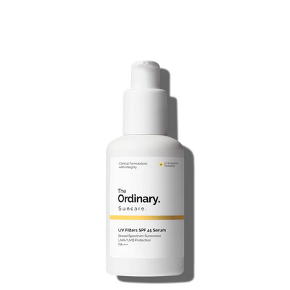 The Ordinary UV Filters SPF 45 Serum in a 30ml bottle, a lightweight broad-spectrum sunscreen serum for invisible daily protection.
