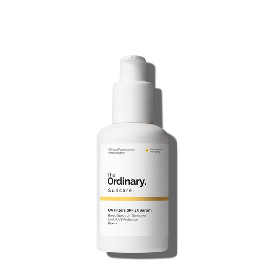 The Ordinary UV Filters SPF 45 Serum in a 30ml bottle, a lightweight broad-spectrum sunscreen serum for invisible daily protection.
