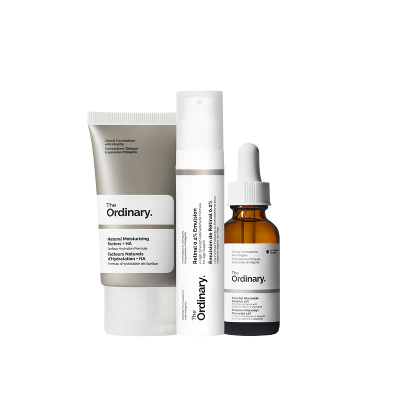 The Ordinary Vitamin C & A Collection set including Ascorbyl Glucoside Solution 12%, Retinal 0.2% Emulsion, and Natural Moisturizing Factors + HA on a clean white background.