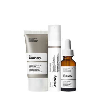 The Ordinary Vitamin C & A Collection set including Ascorbyl Glucoside Solution 12%, Retinal 0.2% Emulsion, and Natural Moisturizing Factors + HA on a clean white background.