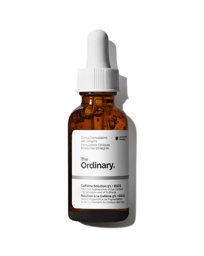 The Ordinary Caffeine Solution 5% + EGCG 30ml amber glass bottle with a dropper, designed to protect the light-sensitive formula.