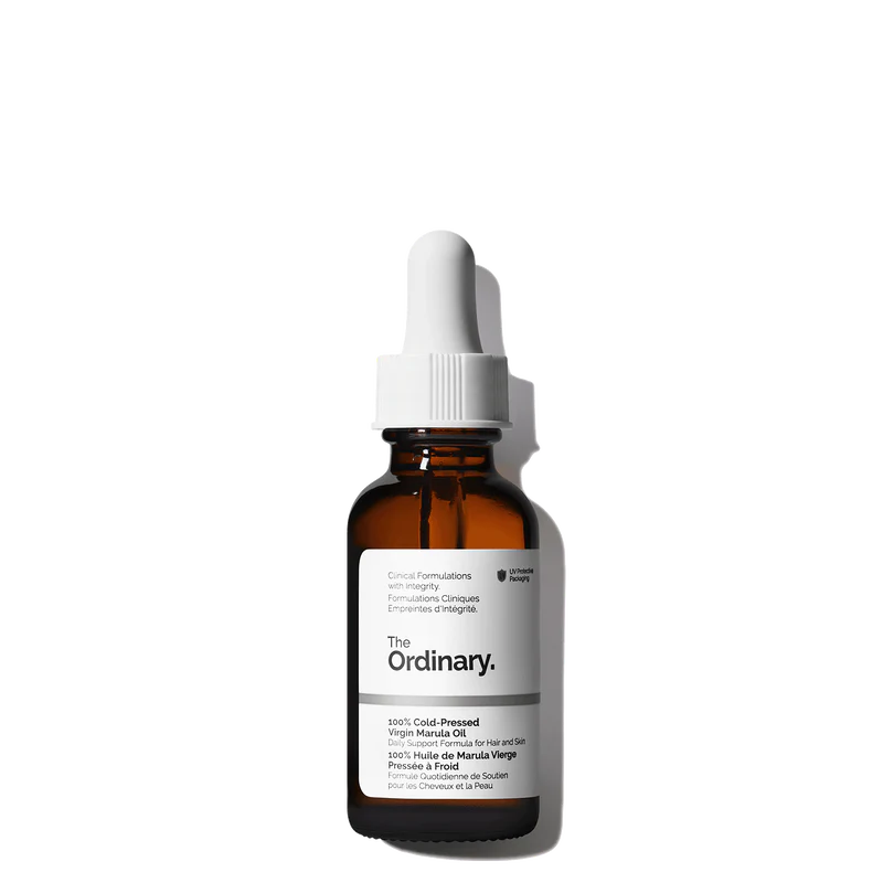 The Ordinary 100% Cold-Pressed Virgin Marula Oil 30ml amber bottle with dropper, featuring a rich, unrefined antioxidant oil for face and hair.