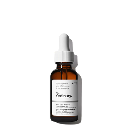 The Ordinary 100% Cold-Pressed Virgin Marula Oil 30ml amber bottle with dropper, featuring a rich, unrefined antioxidant oil for face and hair.