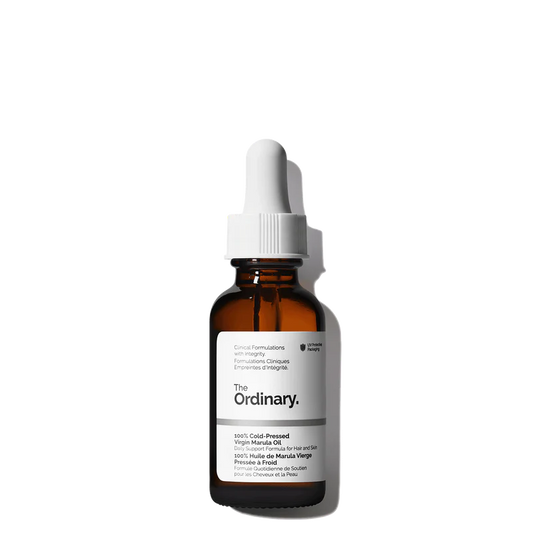 The Ordinary 100% Cold-Pressed Virgin Marula Oil 30ml amber bottle with dropper, featuring a rich, unrefined antioxidant oil for face and hair.
