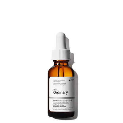 The Ordinary 100% Fermented Rose Hip Seed Oil 30ml amber glass bottle with a dropper, featuring a high-performance fermented plant oil for sensitive and aging skin.
