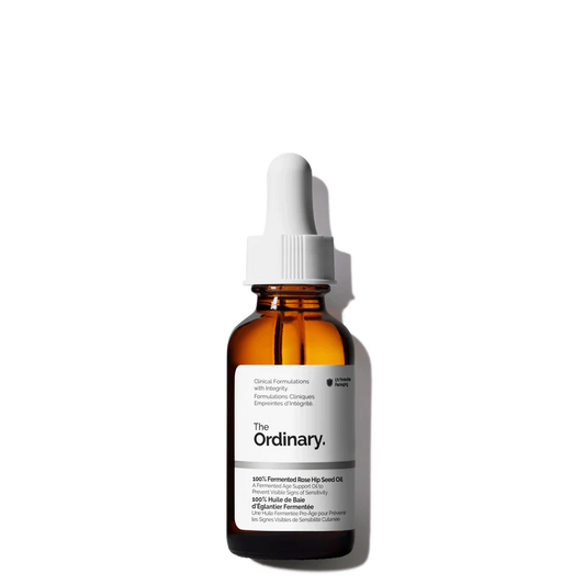 The Ordinary 100% Fermented Rose Hip Seed Oil 30ml amber glass bottle with a dropper, featuring a high-performance fermented plant oil for sensitive and aging skin.