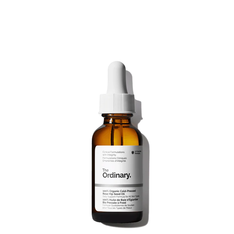 The Ordinary 100% Organic Cold-Pressed Rose Hip Seed Oil in its signature 30ml UV-protective amber glass bottle with a dropper.