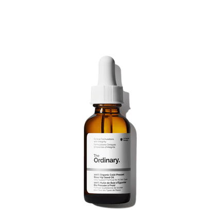 The Ordinary 100% Organic Cold-Pressed Rose Hip Seed Oil in its signature 30ml UV-protective amber glass bottle with a dropper.