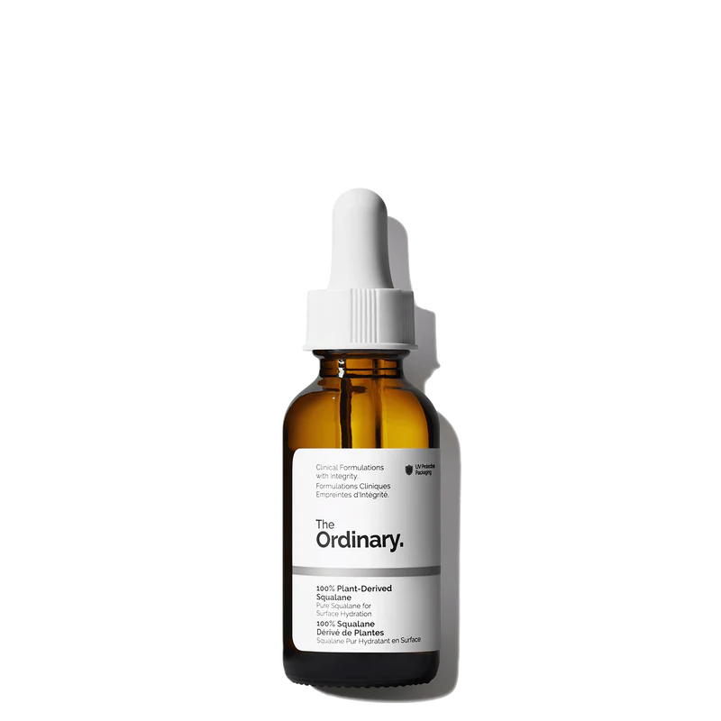 The Ordinary 100% Plant-Derived Squalane 30ml amber bottle with a dropper, highlighting the clear, water-thin, and fast-absorbing oil-like serum.