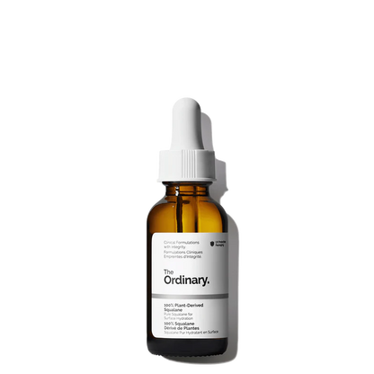 The Ordinary 100% Plant-Derived Squalane 30ml amber bottle with a dropper, highlighting the clear, water-thin, and fast-absorbing oil-like serum.