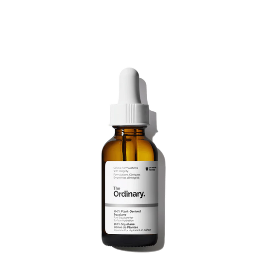 The Ordinary 100% Plant-Derived Squalane 30ml amber bottle with a dropper, highlighting the clear, water-thin, and fast-absorbing oil-like serum.
