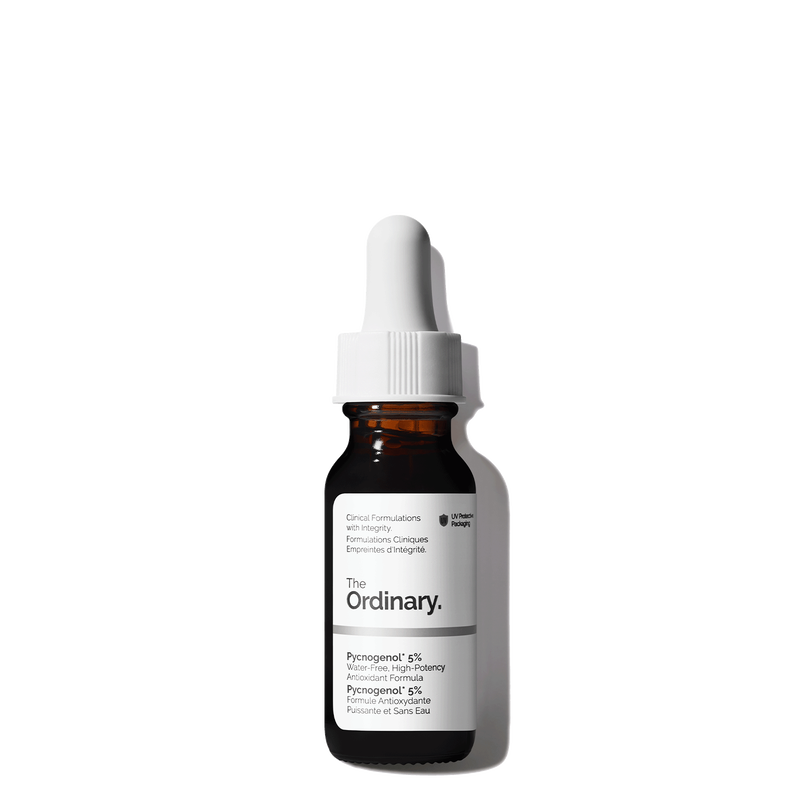 The Ordinary Pycnogenol 5% in its compact 15ml amber glass bottle, showcasing the vibrant, deep red antioxidant serum.