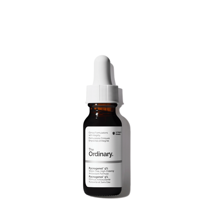 The Ordinary Pycnogenol 5% in its compact 15ml amber glass bottle, showcasing the vibrant, deep red antioxidant serum.