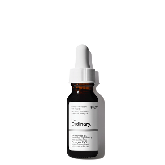 The Ordinary Pycnogenol 5% in its compact 15ml amber glass bottle, showcasing the vibrant, deep red antioxidant serum.