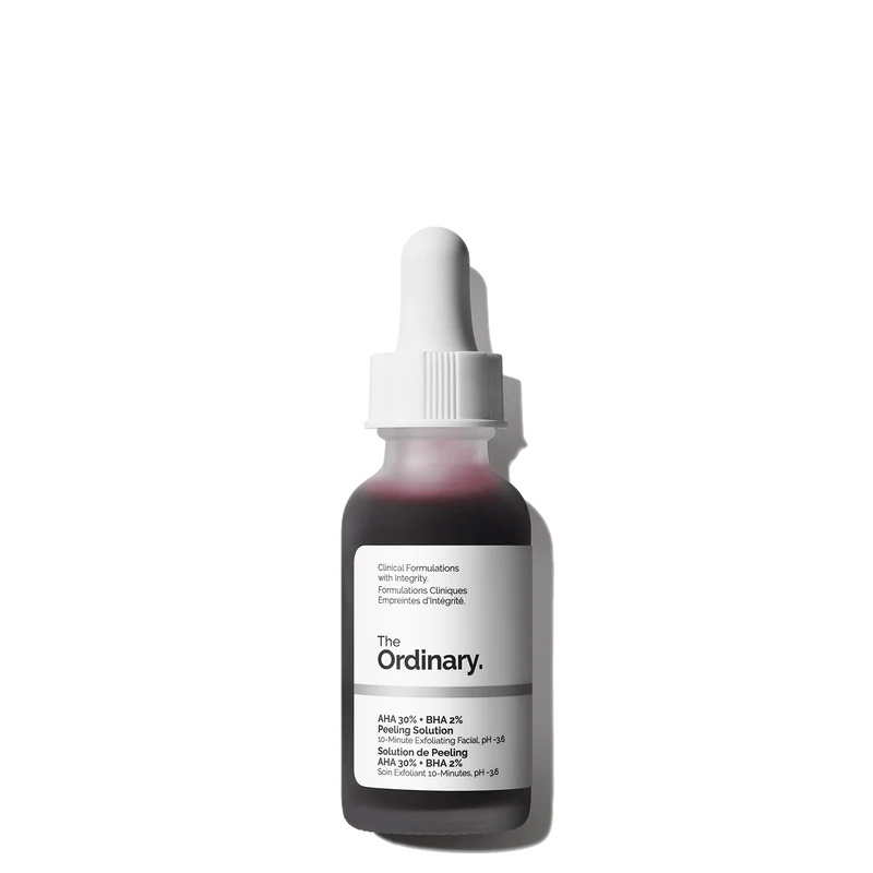 The Ordinary AHA 30% + BHA 2% Peeling Solution 30ml bottle, showing the iconic deep red liquid in a clear glass bottle with a dropper.