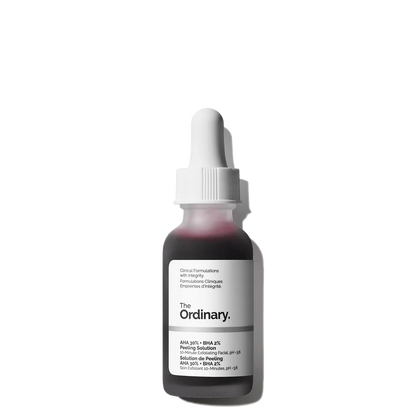 The Ordinary AHA 30% + BHA 2% Peeling Solution 30ml bottle, showing the iconic deep red liquid in a clear glass bottle with a dropper.