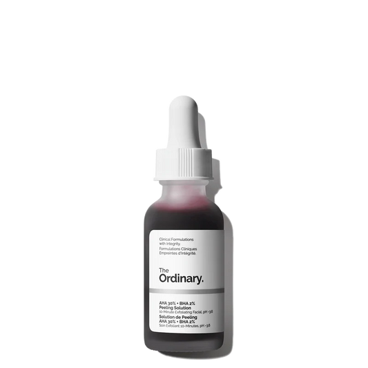 The Ordinary AHA 30% + BHA 2% Peeling Solution 30ml bottle, showing the iconic deep red liquid in a clear glass bottle with a dropper.
