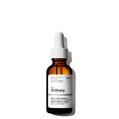 The Ordinary Aloe 2% + NAG 2% Solution 30ml clear glass bottle with a dropper, containing a lightweight, water-based serum designed for blemish-prone skin.