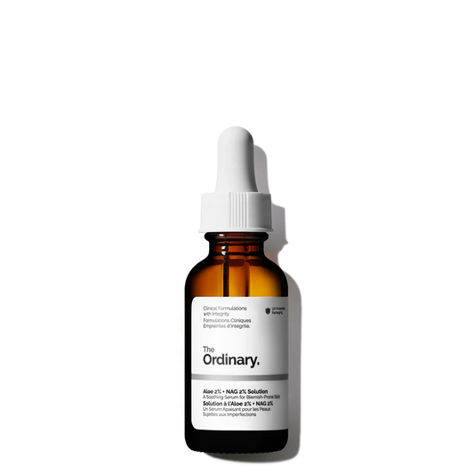The Ordinary Aloe 2% + NAG 2% Solution 30ml clear glass bottle with a dropper, containing a lightweight, water-based serum designed for blemish-prone skin.