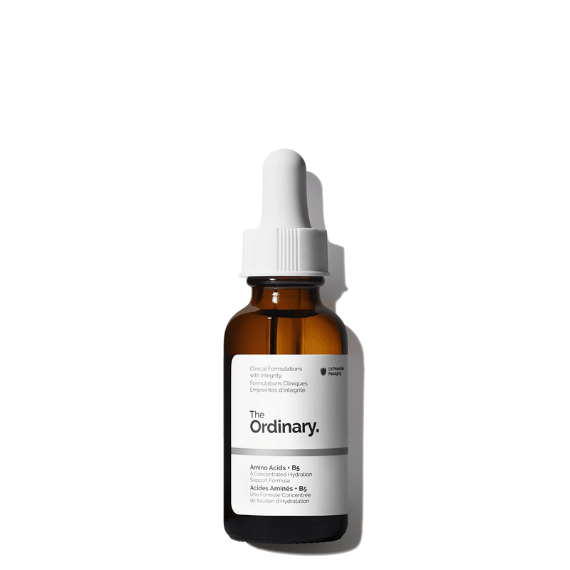 The Ordinary Amino Acids + B5 30ml bottle with a dropper, featuring a clear, ultra-thin water-based serum for deep hydration.