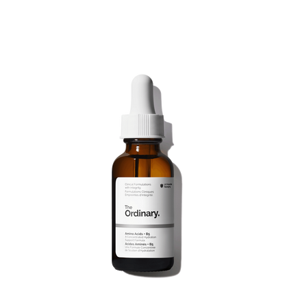 The Ordinary Amino Acids + B5 30ml bottle with a dropper, featuring a clear, ultra-thin water-based serum for deep hydration.
