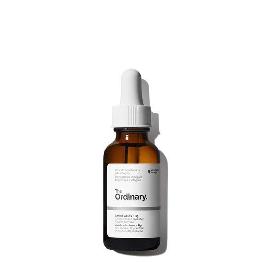 The Ordinary Amino Acids + B5 30ml bottle with a dropper, featuring a clear, ultra-thin water-based serum for deep hydration.