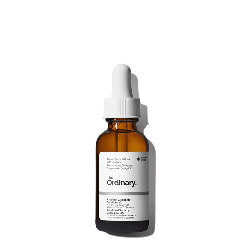 The Ordinary Ascorbyl Glucoside Solution 12% 30ml clear glass bottle with a dropper, showcasing the lightweight water-based brightening serum